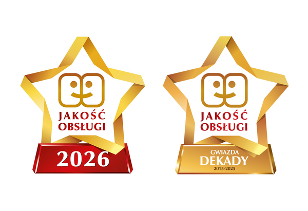 Dwie złote nagrody: &bdquo;Jakość Obsługi 2025&rdquo; i &bdquo;Gwiazda Dekady 2010-2020&rdquo;, symbolizujące jakość usług.   