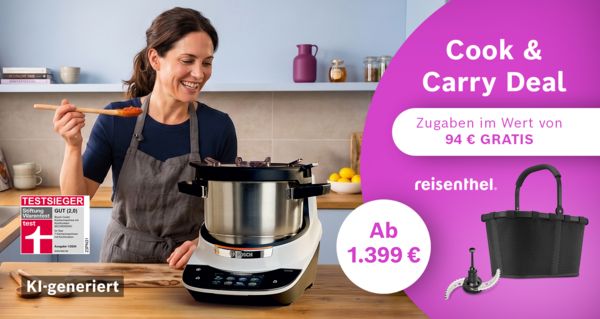 Bosch Cookit K&uuml;chenmaschine mit Kochfunktion im Einsatz in moderner K&uuml;che &ndash; Frau kocht frische Zutaten, Cook & Carry Angebot ab 1.399 &euro; inklusive Gratis-Zugaben.