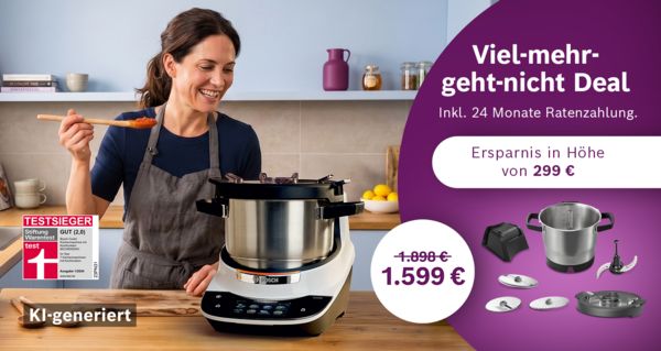 Bosch Cookit K&uuml;chenmaschine mit Kochfunktion im Einsatz &ndash; Frau kocht in moderner K&uuml;che, Viel-mehr-geht-nicht Deal ab 1.599 &euro; inkl. 24 Monate Ratenzahlung und 299 &euro; Ersparnis.