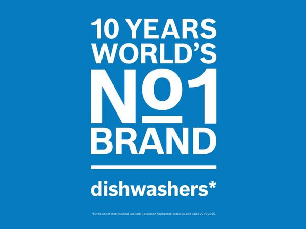 Blue background with white text saying ten years world's number one brand dishwashers
