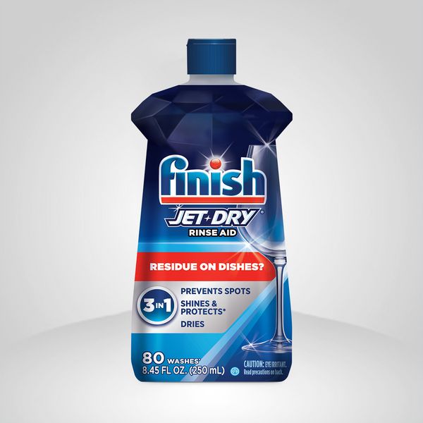Bottle of Finish rinse aid against a white background.