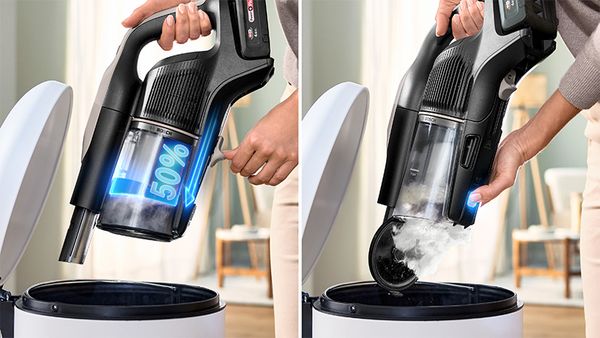 Side-by-side images of a person emptying a handheld vacuum cleaner&rsquo;s dustbin into a trash can, showing 50% full indicator and dust release.