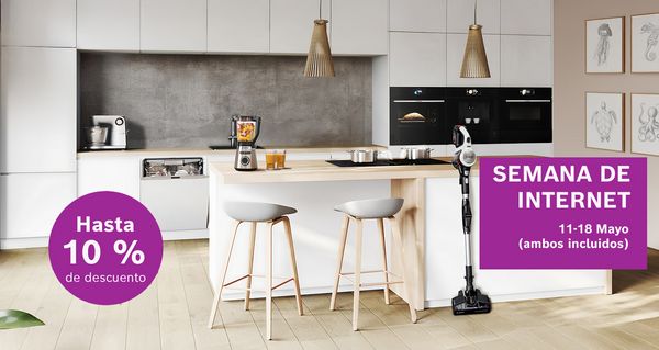 imagen de una cocina integrada Bosch con un cartel magenta que indica Semana de internet.
