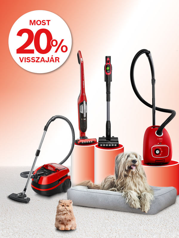 Bosch rekl&aacute;mgrafika lazacpiros-feh&eacute;r sz&iacute;nvil&aacute;gban. A felső r&eacute;szen a Bosch log&oacute; &eacute;s a sz&ouml;veg: &bdquo;&Aacute;llati nagy tisztas&aacute;g! Bosch ProAnimal porsz&iacute;v&oacute;k 20% p&eacute;nzvisszat&eacute;r&iacute;t&eacute;ssel.&rdquo; A prom&oacute;ci&oacute; időszaka: 2026.06.01&ndash;08.31 l&aacute;that&oacute;. Bal oldalon egy feh&eacute;r k&ouml;rben nagy piros felirat: &bdquo;Most 20% visszaj&aacute;r&rdquo;. A k&eacute;p als&oacute; r&eacute;sz&eacute;n n&eacute;gy piros Bosch porsz&iacute;v&oacute; szerepel k&uuml;l&ouml;nb&ouml;ző t&iacute;pusokban: porzs&aacute;kos, nedves-sz&aacute;raz &eacute;s &aacute;ll&oacute; vezet&eacute;k n&eacute;lk&uuml;li modellek. A porsz&iacute;v&oacute;k mellett egy hossz&uacute; szőrű kutya fekszik p&aacute;rn&aacute;n, bal oldalon pedig egy vil&aacute;gosbarna macska &uuml;l. Az als&oacute; r&eacute;szen apr&oacute; betűs prom&oacute;ci&oacute;s t&aacute;j&eacute;koztat&oacute; olvashat&oacute;.