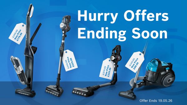 Different Bosch vacuum cleaners with text saying hurry offers ending soon 