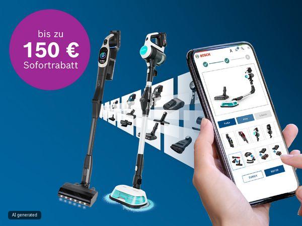 Ein Smartphone zeigt Bosch-Staubsaugeraufs&auml;tze, w&auml;hrend zwei Staubsauger vor einem blauen Hintergrund stehen und ein Rabatt von bis zu 150 &euro; beworben wird.