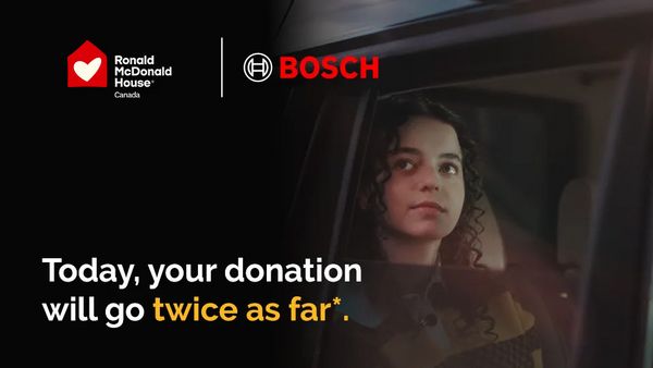  Partnership banner showing Ronald McDonald House Canada and Bosch logos with text about donations going twice as far.
