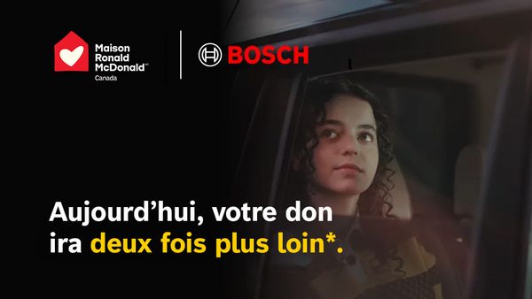 Banni&egrave;re de partenariat montrant les logos de Ronald McDonald House Canada et de Bosch, avec un texte indiquant que les dons vont deux fois plus loin.