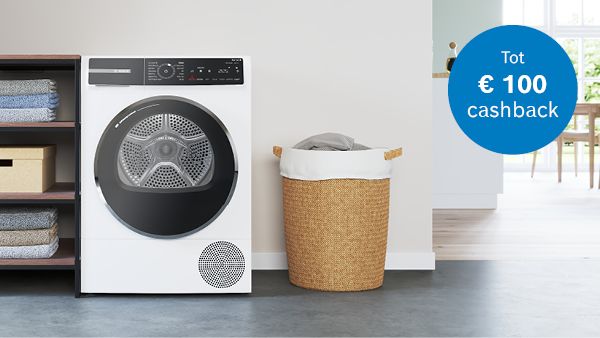 Witte droogkast van Bosch met "tot 100 euro cashback" embleem