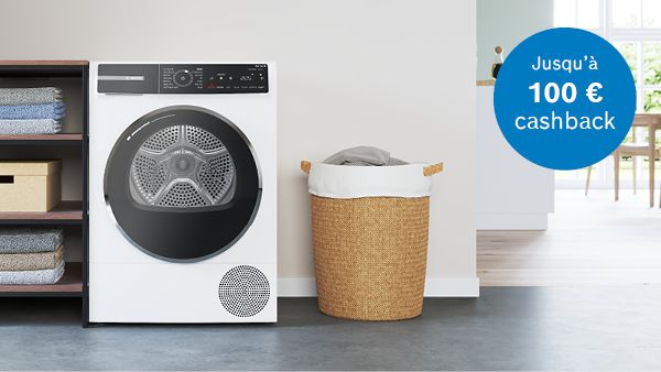 S&egrave;che-linge blanc de Bosch avec l'embl&egrave;me &laquo; jusqu'&agrave; 100 euros de cashback &raquo;  