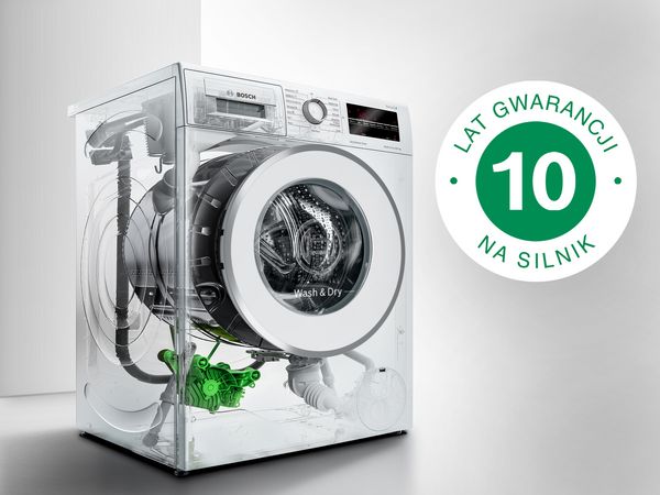 Pralka i ikona z tekstem 10 lat gwarancji