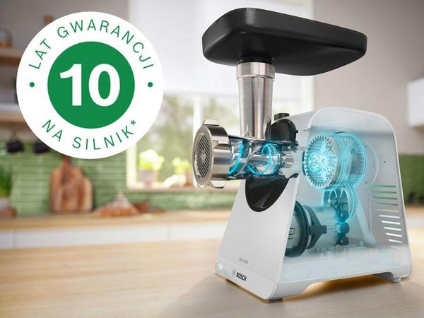 Maszynka do miesa z ikona z tekstem 10 lat gwarancji na silnik