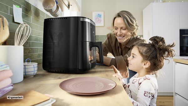 Ein Air Fryer von Bosch steht auf einer K&uuml;chentheke, daneben steht ein leerer rosa Teller. An der K&uuml;chentheke stehen eine Frau und ein M&auml;dchen und schauen vorfreudig l&auml;chelnd auf den Air Fryer.