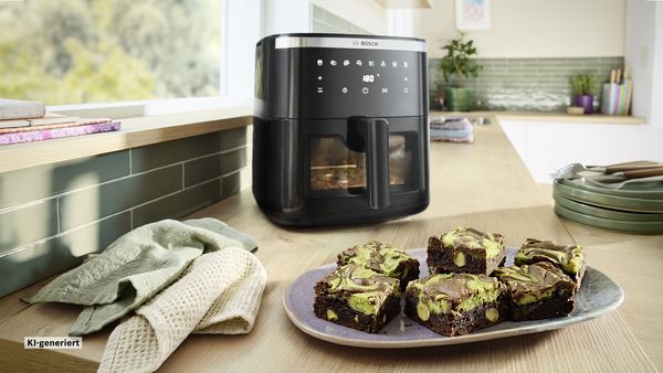 Auf einem K&uuml;chentresen steht ein Air Fryer von Bosch. Davor steht ein Teller mit Matcha-Kuchenst&uuml;cken.