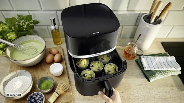 Eine Hand &ouml;ffnet die Schublade eines Bosch Air Fryers, darin stehen Matcha-Muffins. Neben dem Air Fryer stehen verschiedene Backzutaten auf einem Holzbrett.