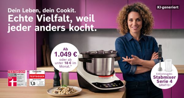 Bosch Cookit K&uuml;chenmaschine mit Kochfunktion in moderner K&uuml;che &ndash; Aktionsangebot mit gratis Stabmixer Serie 4.