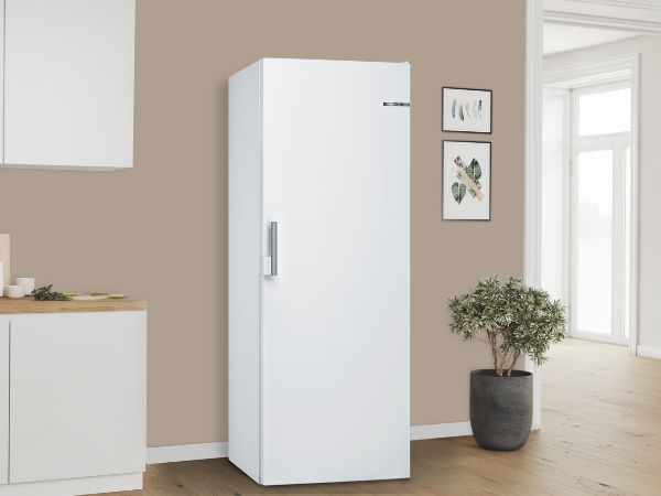 Vrijstaande witte koelkast met zilveren handgreep in een moderne keuken 