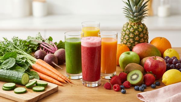 Auf einer h&ouml;lzernen Arbeitsplatte stehen vier Gl&auml;ser mit verschiedenen Obst- und Gem&uuml;ses&auml;ften. Darum verteilt liegt verschiedenes Obst und Gem&uuml;se wie zum Beispiel Gurke, Mohrr&uuml;ben, &Auml;pfel, Kiwis, Beeren.