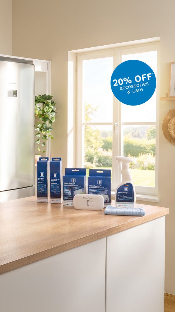 Kitchen with care products on the counter and offer eyecatcher