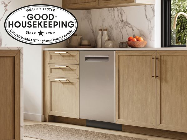 Bosch dishwasher with white oak cabinetry back by good housekeeping seal
