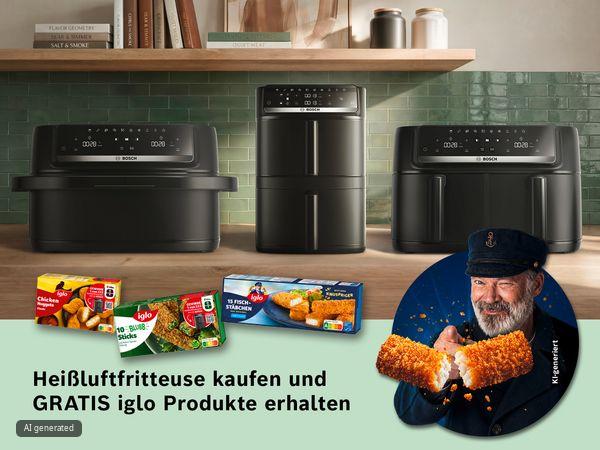 Drei Bosch Friteusen auf einer K&uuml;chentheke mit Iglo Tiefk&uuml;hlprodukten und ein Mann, der einen knusprigen Fischstab bricht.