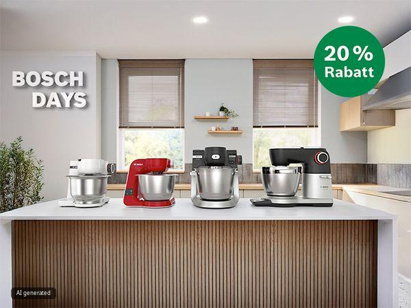  Vier Bosch-K&uuml;chenmaschinen in verschiedenen Farben, pr&auml;sentiert auf einer Kochinsel mit dem Text &bdquo;BOSCH DAYS&ldquo; und einem 20 % Rabatt-Badge.