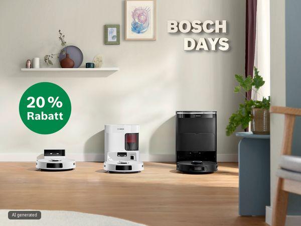 Drei Bosch Saugroboter in einem hellen Raum mit dem Text &bdquo;Bosch Days&ldquo; und einem gr&uuml;nen 20 % Rabatt-Rabatt-Abzeichen.