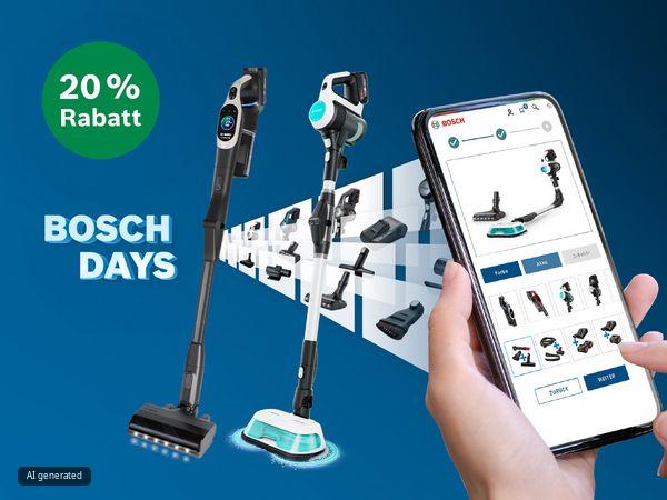 Zwei kabellose Staubsauger von Bosch mit Zubeh&ouml;r und eine Hand, die ein Smartphone mit einer Bosch-Produkt-Shopping-App h&auml;lt.