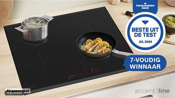 Moderne inductiekookplaat met een koekenpan met vis en een pan met groenten, bekroond met prijzen voor de beste prestaties.