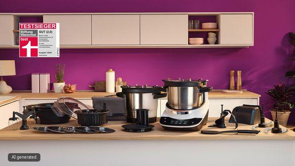 Bosch Cookit K&uuml;chenmaschine mit Kochfunktion und umfangreichem Zubeh&ouml;r auf der Arbeitsfl&auml;che, ausgezeichnet als Testsieger von Stiftung Warentest