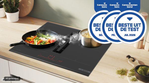 Zwart inductiekookplaat met afzuiging op houten keukentafel met potplant en andere keukenartikelen.