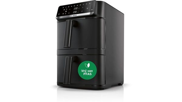 Zwarte Bosch Air Fryer met glazen werper en bedieningsknop.