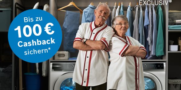 Online-Banner mit Hinweis auf die Bosch EXCLUSIV Cashback Aktion mit bis zu 100 &euro; Cashback auf erstklassige Hausger&auml;te, g&uuml;ltig bis 28. February 2027; EXCLUSIV Hausger&auml;te von Bosch; Aktions-Logo: Bis zu 100 &euro; Cashback sichern, EXCLUSIV Logo