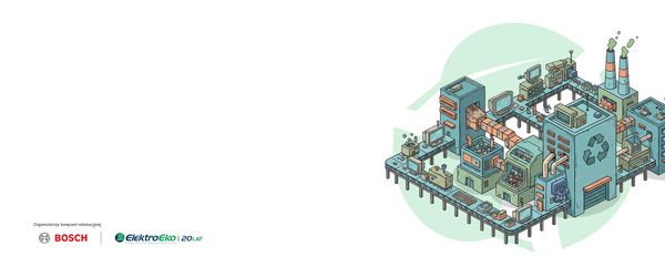 Ilustracja miasta z dużym zielonym symbolem recyklingu nałożonym na budynki.