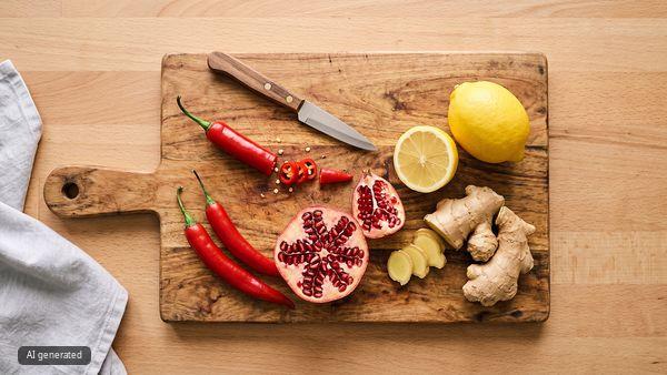 Auf einem Holzschneidebrett liegen Chilis, Granat&auml;pfel, Zitronen und Ingwer f&uuml;r Vitamin-Shots.