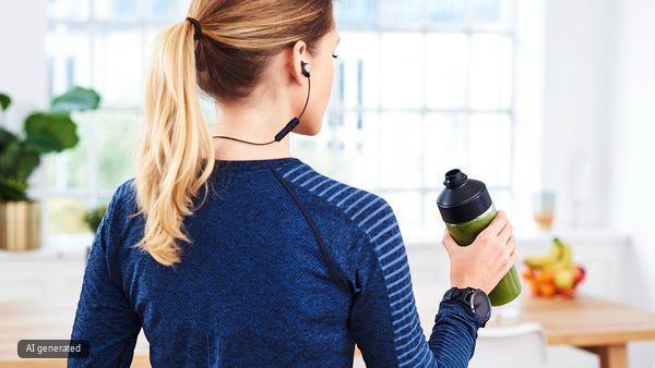 R&uuml;ckenansicht einer blonden Frau in blauer Sportkleidung, die eine Trinkflasche mit einem gr&uuml;nen Shake in der rechten Hand h&auml;lt.