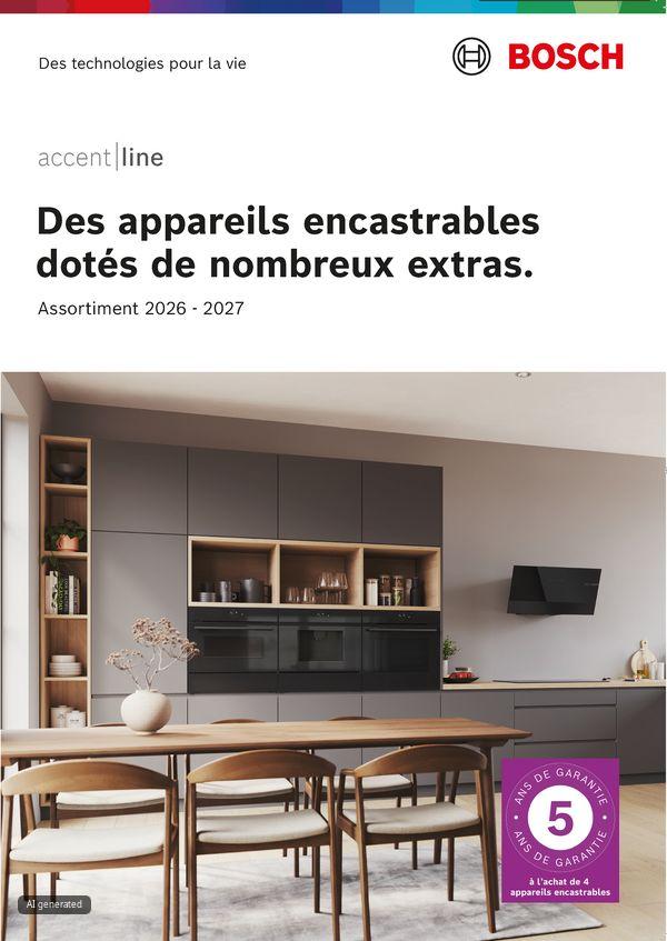 Image promotionnelle Bosch 'accent|line' pr&eacute;sentant une cuisine moderne avec des appareils encastr&eacute;s et un badge 'Garantie 5 Ans'. 