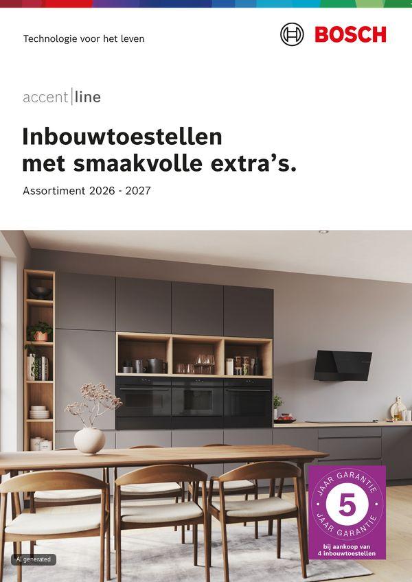 Bosch 'accent|line' promotieafbeelding met een moderne keuken met inbouwapparaten en een '5 Jaar Garantie' badge.  