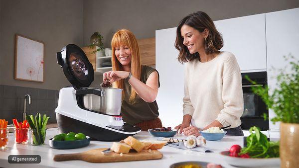 Zwei Frauen kochen gemeinsam mit der Bosch Cookit K&uuml;chenmaschine mit Kochfunktion in einer modernen K&uuml;che.