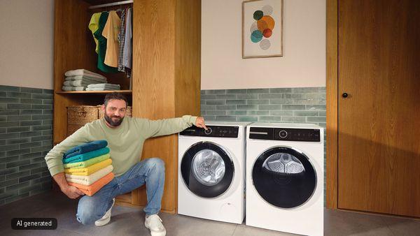 Lave-linge et s&egrave;che-linge dans une buanderie. Homme avec pile de serviettes color&eacute;es pointe le bouton de s&eacute;lection du lave-linge