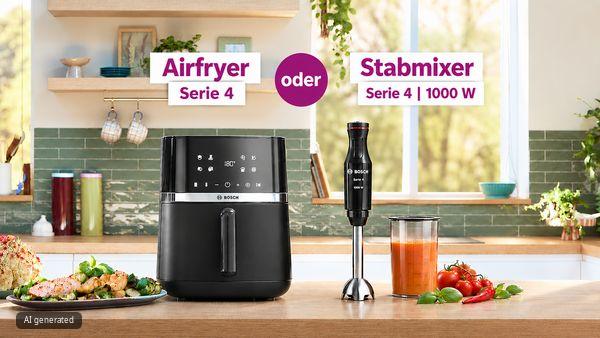Bosch Airfryer Serie 4 und Bosch Stabmixer Serie 4 mit 1000 W in einer hellen K&uuml;che, dazwischen der Hinweis &bdquo;oder&ldquo;: Wahl zwischen zwei Gastgebergeschenken.