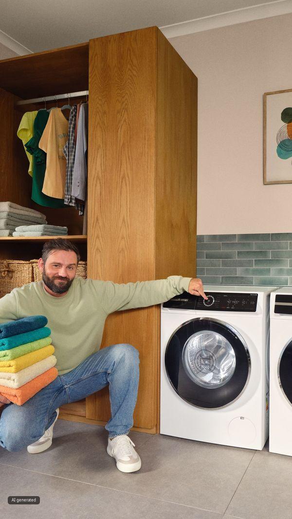Man met krullend haar naast wasmachine in wasruimte.