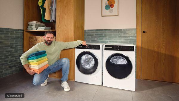 Een energiezuinige Bosch Serie 8 warmtepompdroger met energieklasse A+++ staat op een wasmachine. Een sok steekt uit een mand ernaast.