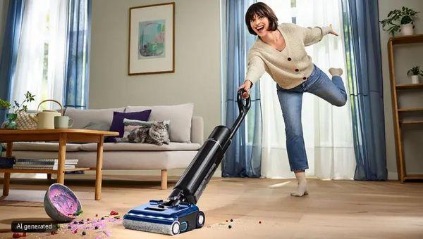 Eine Frau reinigt mit einem OneFlow Wischsauger von Bosch den Wohnzimmerboden.
