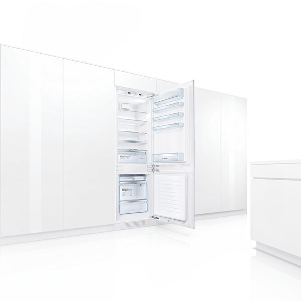 Bosch Integrated Firdge Freezer built into white kitchen cabinet wall