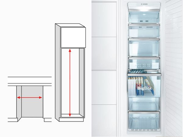 What recess dimensions are available for upright freezers? 
