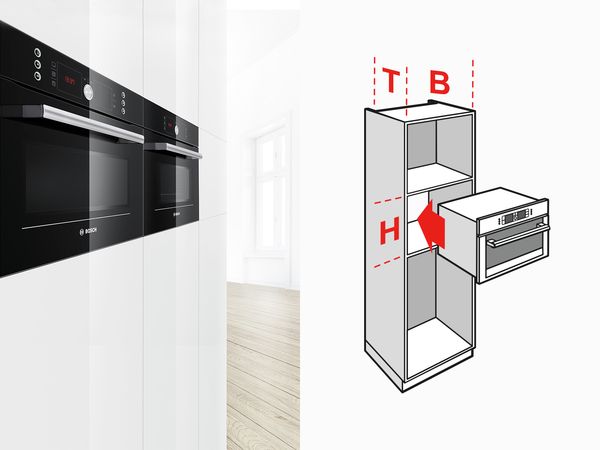 Diagram of Bosch steam cooker installation for tall cupboards or high-level units