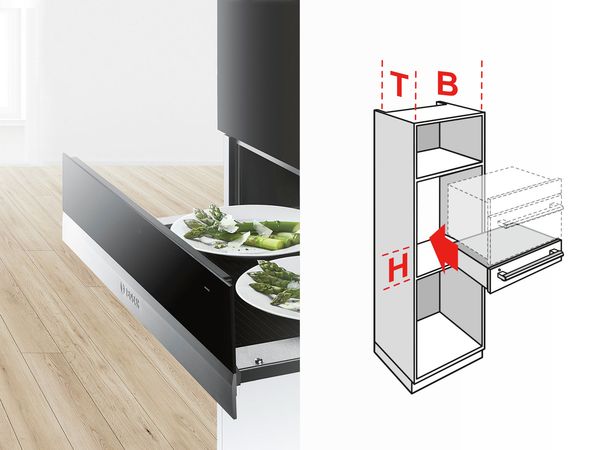 Diagram of Bosch steam cooker and warming drawer installation 