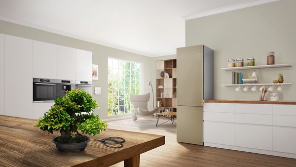 Kitchen with a bonsai on a table symbolizing a lifelong care and the Bosch extended warranty.
