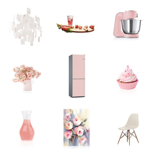 Oggetti decorativi rosa per una cucina colorata con il frigo-congelatore Bosch.